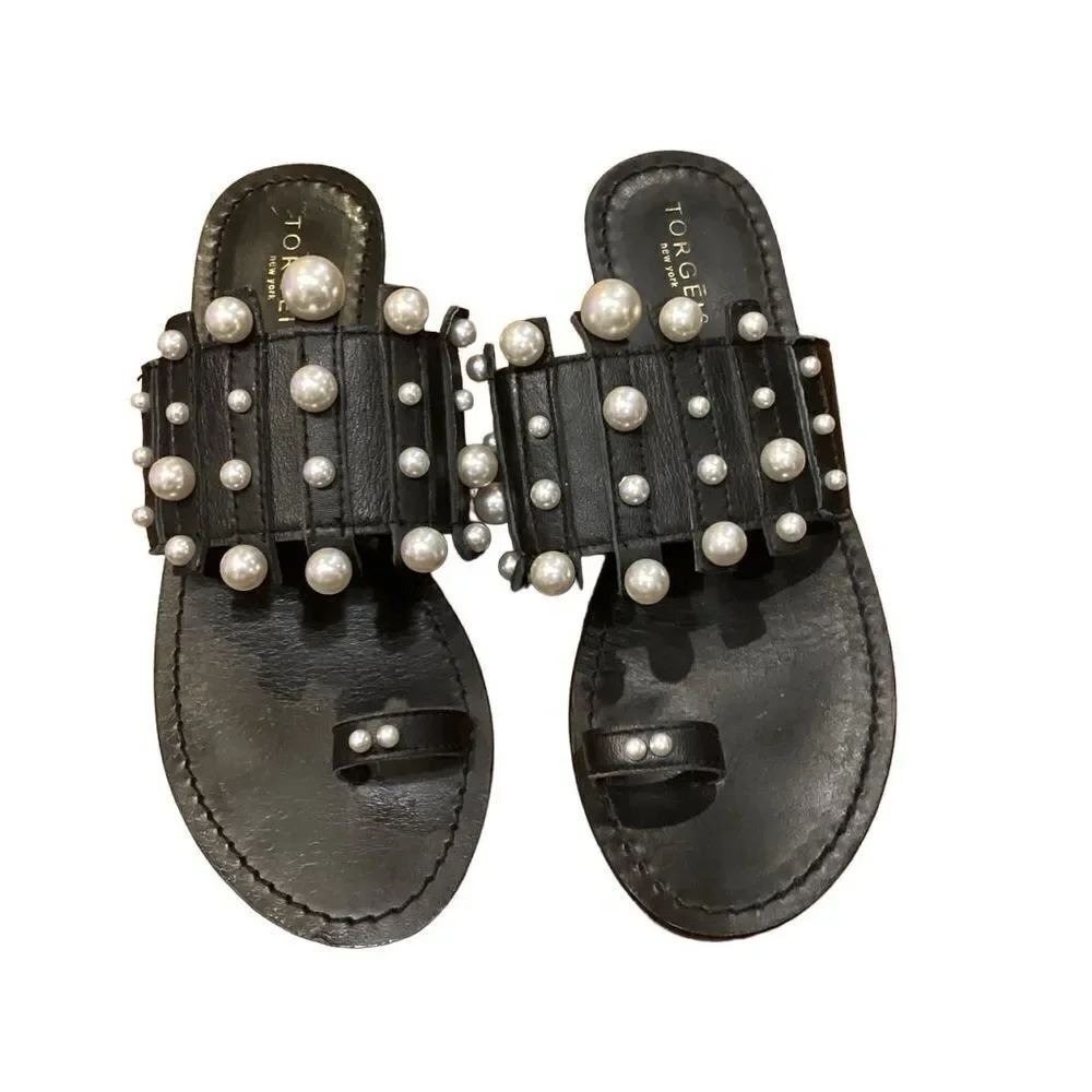 Torgeis Black Leather Flat Toe Ring Pearl Sandals 6.5